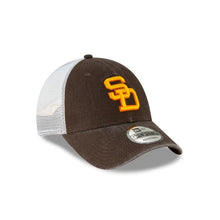Load image into Gallery viewer, San Diego Padres New Era MLB 9FORTY 940 Mesh Trucker Adjustable Cap Hat Dark Brown/White Crown Dark Brown Visor Yellow/Orange Retro Logo