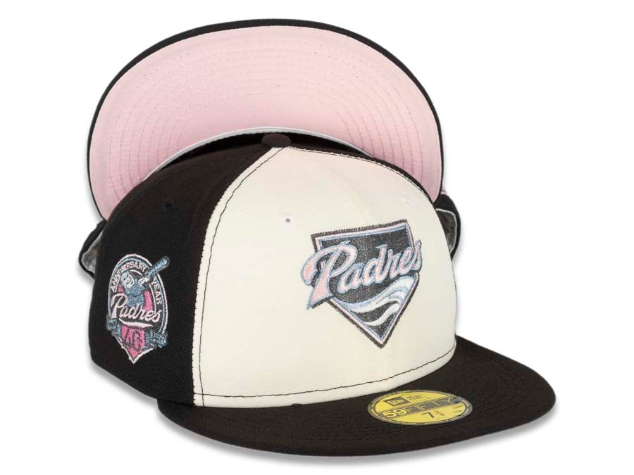San Diego Padres New Era MLB 59FIFTY 5950 Fitted Cap Hat Light Bronze Canvas Crown/Visor White/Red Logo 50th Anniversary Side Patch Brown UV 7 1/4