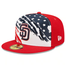 Load image into Gallery viewer, San Diego Padres New Era MLB 59FIFTY 5950 Fitted Cap Hat White/Red Crown Red Visor Navy/Red Logo (2022 4th of July)