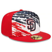 Load image into Gallery viewer, San Diego Padres New Era MLB 59FIFTY 5950 Fitted Cap Hat White/Red Crown Red Visor Navy/Red Logo (2022 4th of July)