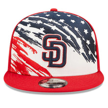 Load image into Gallery viewer, San Diego Padres New Era MLB 9FIFTY 950 Snapback Cap Hat White/Red Crown Red Visor Navy/Red Logo (2022 4th of July)