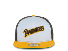 Load image into Gallery viewer, San Diego Padres New Era MLB 59FIFTY 5950 Fitted Cap Hat White/Brown Crown Yellow Visor Brown/Yellow Script Logo Green UV