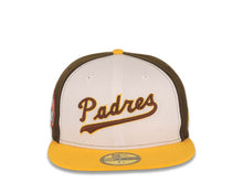 Load image into Gallery viewer, San Diego Padres New Era MLB 59FIFTY 5950 Fitted Cap Hat White/Brown Crown Yellow Visor Brown/Yellow script Logo Centennial Side Patch Green UV