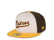 Load image into Gallery viewer, San Diego Padres New Era MLB 59FIFTY 5950 Fitted Cap Hat White/Brown Crown Yellow Visor Brown/Yellow script Logo Centennial Side Patch Green UV