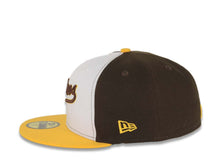 Load image into Gallery viewer, San Diego Padres New Era MLB 59FIFTY 5950 Fitted Cap Hat White/Brown Crown Yellow Visor Brown/Yellow script Logo Centennial Side Patch Green UV