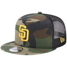 Load image into Gallery viewer, San Diego Padres New Era MLB 9FIFTY 950 Trucker Mesh Snapback Cap Hat Camo/Black Crown Camo Visor Yellow Logo