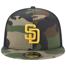 Load image into Gallery viewer, San Diego Padres New Era MLB 9FIFTY 950 Trucker Mesh Snapback Cap Hat Camo/Black Crown Camo Visor Yellow Logo