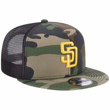 Load image into Gallery viewer, San Diego Padres New Era MLB 9FIFTY 950 Trucker Mesh Snapback Cap Hat Camo/Black Crown Camo Visor Yellow Logo