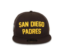 Load image into Gallery viewer, San Diego Padres New Era MLB 9FIFTY 950 Snapback Trucker Mesh Cap Hat Brown Crown/Visor Yellow Text Script Logo 2021 World Series Side Patch Gray UV