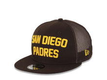 Load image into Gallery viewer, San Diego Padres New Era MLB 9FIFTY 950 Snapback Trucker Mesh Cap Hat Brown Crown/Visor Yellow Text Script Logo 2021 World Series Side Patch Gray UV
