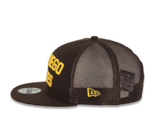 Load image into Gallery viewer, San Diego Padres New Era MLB 9FIFTY 950 Snapback Trucker Mesh Cap Hat Brown Crown/Visor Yellow Text Script Logo 2021 World Series Side Patch Gray UV