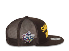 Load image into Gallery viewer, San Diego Padres New Era MLB 9FIFTY 950 Snapback Trucker Mesh Cap Hat Brown Crown/Visor Yellow Text Script Logo 2021 World Series Side Patch Gray UV