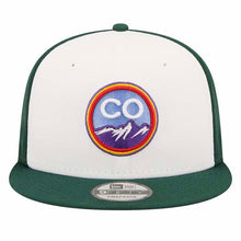 Load image into Gallery viewer, (City Connect) Colorado Rockies New Era MLB 9FIFTY 950 Snapback Cap Hat White/Dark Green Crown Dark Green Visor Purple/Sky Blue/Orange Logo