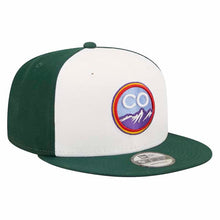 Load image into Gallery viewer, (City Connect) Colorado Rockies New Era MLB 9FIFTY 950 Snapback Cap Hat White/Dark Green Crown Dark Green Visor Purple/Sky Blue/Orange Logo