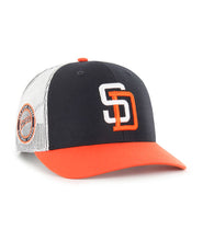 Load image into Gallery viewer, San Diego Padres '47 MLB Snapback Trucker Mesh Cap Hat Navy/White Crown Orange Visor White/Orange Logo Padres Side Note Patch