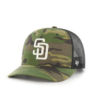 Load image into Gallery viewer, San Diego Padres '47 MLB Snapback Trucker Mesh Cap Hat Camo/Black Crown Camo Visor White Logo