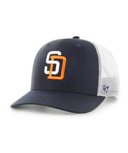 Load image into Gallery viewer, San Diego Padres '47 MLB Snapback Trucker Mesh Cap Hat Navy/White Crown Navy Visor White/Orange Logo Green UV
