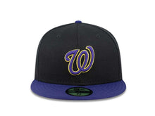 Load image into Gallery viewer, Washington Nationals New Era MLB 59FIFTY 5950 Fitted Cap Hat Black Crown Purple Visor Purple/Yellow Logo