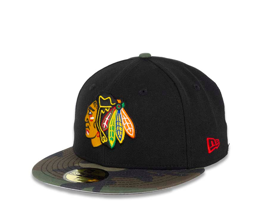 Chicago Blackhawks New Era NHL 59FIFTY 5950 Fitted Cap Hat Black Crown Camo  Visor Team Color Logo