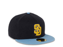Load image into Gallery viewer, San Diego Padres New Era MLB 59FIFTY 5950 Fitted Cap Hat Melton Dark Navy Crown Sky Blue Visor Yellow/White Logo