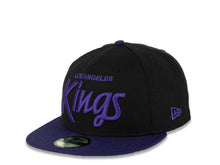 Load image into Gallery viewer, Los Angeles Kings New Era NHL 59FIFTY 5950 Fitted Cap Hat Black Crown Purple Visor Purple “Text” Logo