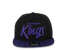 Load image into Gallery viewer, Los Angeles Kings New Era NHL 59FIFTY 5950 Fitted Cap Hat Black Crown Purple Visor Purple “Text” Logo