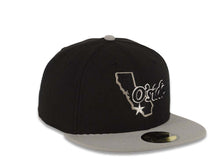 Load image into Gallery viewer, Oceanside New Era 59FIFTY 5950 Fitted Cap Hat Black Crown Gray Visor Black/White O'Side State Map Logo