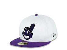Load image into Gallery viewer, Cleveland Indians New Era MLB 59FIFTY 5950 Fitted Cap Hat White Crown Purple Visor White/Purple/Black Chief Wahoo Logo

