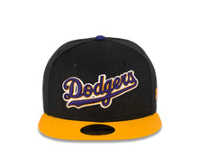 Load image into Gallery viewer, Los Angeles Dodgers New Era MLB 59FIFTY 5950 Cap Hat Black Crown Yellow Visor Purple/Yellow “Text” Logo