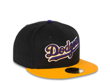 Load image into Gallery viewer, Los Angeles Dodgers New Era MLB 59FIFTY 5950 Cap Hat Black Crown Yellow Visor Purple/Yellow “Text” Logo
