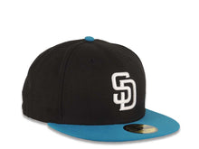 Load image into Gallery viewer, San Diego Padres New Era MLB 59FIFTY 5950 Fitted Cap Hat Black Crown Turquoise Blue Visor White Logo