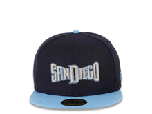 Load image into Gallery viewer, San Diego Padres New Era MLB 59FIFTY 5950 Fitted Cap Hat Navy Crown Sky Blue Visor Gray/Sky Blue “Text” Logo
