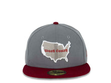 Load image into Gallery viewer, West Coast New Era 59FIFTY 5950 Fitted Cap Hat Storm Gray Crown Cardinal Red Visor Cardinal/Gray Logo Text Inside US Map