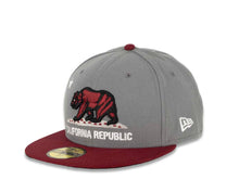 Load image into Gallery viewer, California Republic New Era 59FIFTY 5950 Fitted Cap Hat Dark Gray Crown Maroon Visor Maroon/Black/White Bear Logo