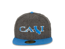 Load image into Gallery viewer, CALI CALIfornia New Era 59FIFTY 5950 Fitted Cap Hat Dark Gray Melton Crown Blue Visor Blue/White CALI Script Logo with Map