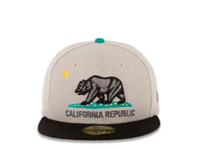 Load image into Gallery viewer, California Republic New Era 59FIFTY 5950 Fitted Cap Hat Gray Crown Teal Visor Black/Dark Gray/Teal Bear Logo
