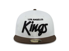 Load image into Gallery viewer, Los Angeles Kings New Era NHL 59FIFTY 5950 Fitted Cap Hat White Crown Brown Visor Brown Scirpt Logo