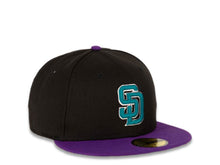 Load image into Gallery viewer, San Diego Padres New Era MLB 59FIFTY 5950 Fitted Cap Hat Black Crown Purple Visor Teal/White Logo