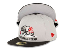 Load image into Gallery viewer, Sothern California Bear New Era 59FIFTY 5950 Fitted Cap Hat Gray Crown Black Visor Gray/Red/Black Drinking Bear in Shorts Logo