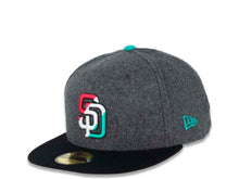 Load image into Gallery viewer, San Diego Padres New Era MLB 59FIFTY 5950 Fitted Cap Hat Melton Dark Gray Crown Black Visor Pink/White/Teal Diagonal Logo