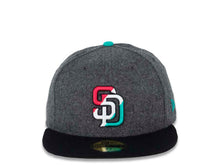 Load image into Gallery viewer, San Diego Padres New Era MLB 59FIFTY 5950 Fitted Cap Hat Melton Dark Gray Crown Black Visor Pink/White/Teal Diagonal Logo