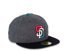 Load image into Gallery viewer, San Diego Padres New Era MLB 59FIFTY 5950 Fitted Cap Hat Melton Dark Gray Crown Black Visor Pink/White/Teal Diagonal Logo