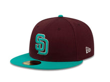 Load image into Gallery viewer, San Diego Padres New Era MLB 59FIFTY 5950 Fitted Cap Hat Maroon Crown Teal Visor Teal/White Logo