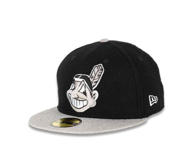 Cleveland Indians New Era MLB 59FIFTY 5950 Fitted Melton/Heather Cap Hat Black Crown Gray Visor Black/White/Grey Chief Wahoo Logo