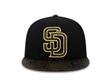 Load image into Gallery viewer, San Diego Padres New Era MLB 59FIFTY 5950 Fitted Cap Hat Black Crown Snake Visor Metallic Gold Logo