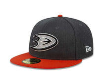 Load image into Gallery viewer, Ahaheim Ducks New Era NHL 59FIFTY 5950 Fitted Cap Hat Heather Dark Gray Crown Orange Visor Black/White Logo