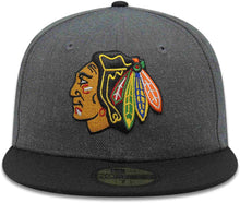 Load image into Gallery viewer, Chicago Blackhawks New Era NHL 59FIFTY 5950 Fitted Cap Hat Heather Dark Gray Crown Black Visor Team Color Logo