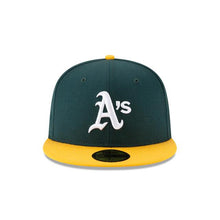 Load image into Gallery viewer, Oakland A's Athletics New Era MLB 59Fifty 5950 Fitted Cap Hat Team Color Green Crown Yellow Visor White Logo 1989 World Series Side Patch Gray UV