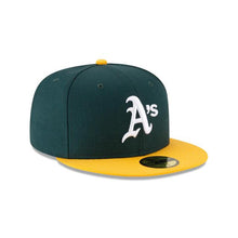 Load image into Gallery viewer, Oakland A's Athletics New Era MLB 59Fifty 5950 Fitted Cap Hat Team Color Green Crown Yellow Visor White Logo 1989 World Series Side Patch Gray UV