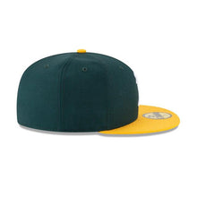 Load image into Gallery viewer, Oakland A's Athletics New Era MLB 59Fifty 5950 Fitted Cap Hat Team Color Green Crown Yellow Visor White Logo 1989 World Series Side Patch Gray UV